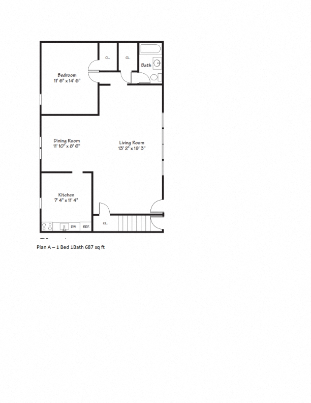 Floor plan for 1 bed, 1 bath, 782 sqft